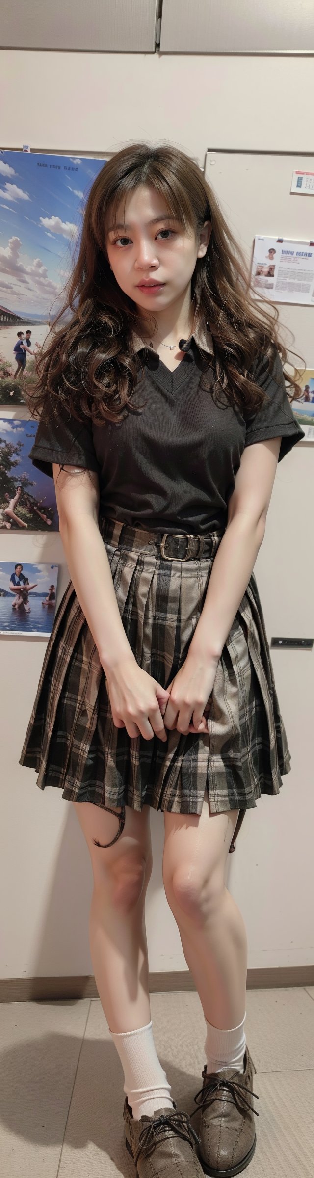 (((masterpiece))), (((best quality))), Best picture quality, high resolution, 8k, realistic, sharp focus, realistic image of elegant lady, Korean beauty, supermodel, girl, standing, wearing short-sleeved school uniform, dark-colored skirt, pleated skirt with tartan pattern,  black student shoes,  detailed face, (blush:1.0) ,More Detail,kao6