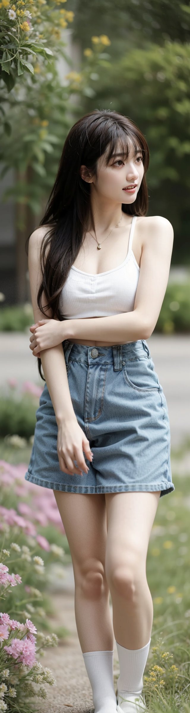 background is flower field,grass field,horizon,wind blowing,petals blowing,16 yo, 1 girl, beautiful girl,smile,
wearing denim overalls skirt,long socks,standing on flower field,holding buquet, cowboy shot,very_long_hair, hair past hip, bangs, curly hair, realhands, masterpiece, Best Quality, 16k, photorealistic, ultra-detailed, finely detailed, high resolution, perfect dynamic composition, beautiful detailed eyes, ((nervous and embarrassed)), sharp-focus, full body shot,pink flower,flower,yama2,1 girl 