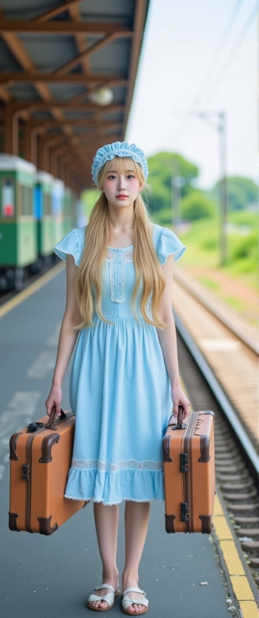 Chun,  asian girl,  long blonde hair wearing a light blue dress with lace trim and a matching bonnet. She is standing on a...