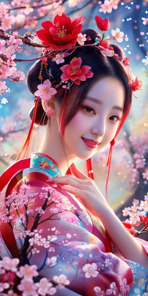 In this mesmerizing fractal art piece, a stunning Korean beauty in hanfu and delicate jewelry stands out against a dynamic, shifting backdrop reminiscent of blooming cherry blossoms. Smile.  Her left hand cradles a vibrant red flower branch, while her right hand playfully tugs at the sleeve, exuding subtle sensuality. The subject's eyes sparkle with intricate light particles that seem to capture the essence of the petals. Framing is bold and abstract, with the beauty positioned at the center of a swirling vortex of colors, textures, and shapes that blend seamlessly into the background.