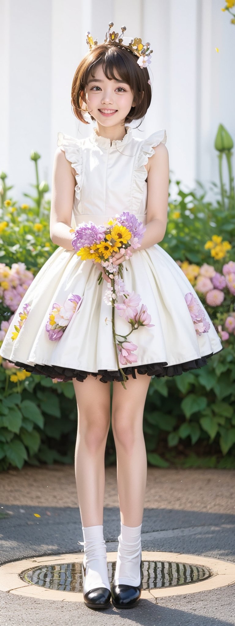 full body shot,Masterpiece, Simple Background, (((Flowers in Background: 1.7))), 1girl, antenna_hair, , bangs, brown_hair, crown, dress, eyebrows_visible_through_hair, gloves, green_eyes,  short_hair, sleeveless, smile, standing, white_dress, white_gloves
,perfect light,Beauty,kinomoto sakura