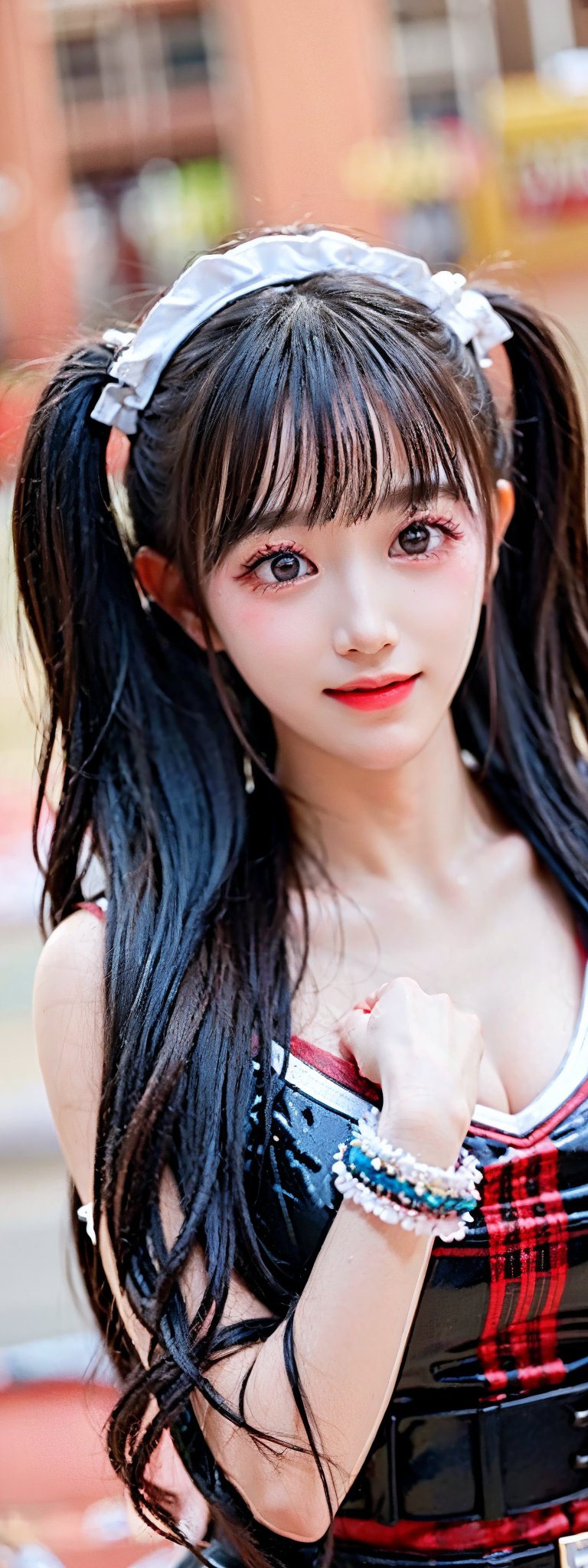 (Masterpiece:1.3), (best quality:1.2), (detailed background:1.1), (intricate details:1.1), (detailed background:1.2), A chibi-style anime girl with long hairs, red plaid maid outfit with a heart-shaped accessory at her chest, silver hair styled in pigtails. Her eyes are big, red, and sparkly, with a blushing expression. She’s standing, her fluffy tail wagging slightly . The image is vibrant and soft, with pastel colors and a cute, playful aesthetic. There are subtle sparkles in the background, adding to the dreamy and kawaii feel,More Detail,korean