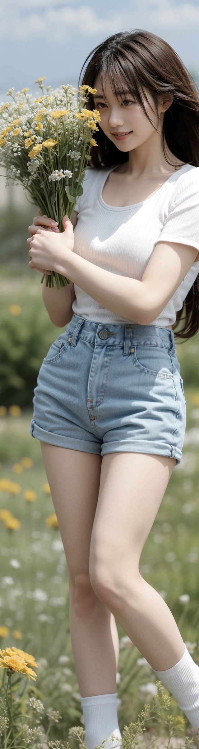 background is flower field,grass field,horizon,wind blowing,petals blowing,16 yo, 1 girl, beautiful girl,smile,
wearing denim overalls skirt,long socks,standing on flower field,holding buquet, cowboy shot,very_long_hair, hair past hip, bangs, curly hair, realhands, masterpiece, Best Quality, 16k, photorealistic, ultra-detailed, finely detailed, high resolution, perfect dynamic composition, beautiful detailed eyes, ((nervous and embarrassed)), sharp-focus, full body shot,pink flower,flower,yama2,1 girl 