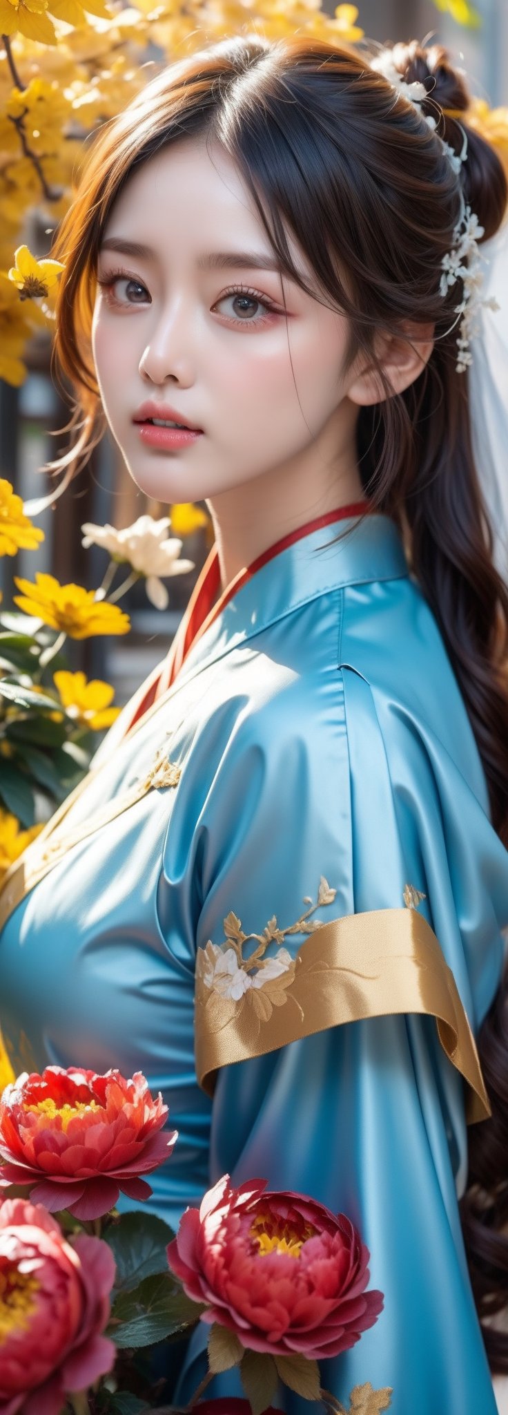 A girl, wearing hanfu, peony garden, butterfly, (negative space:1.4), fusion of art nouveau styles with gongbi painting, gold and white and red hue, Mucha style, (Cinematic lighting, ethereal light, intricate details, extremely detailed, incredible details, full colored), complex details, hyper maximalist, gorgeous light and shadow, detailed decoration, detailed lines. masterpiece, best quality, HDR, UHD, unreal engine. fair skin, beautiful face,perfect light,  ,beauty,idol.