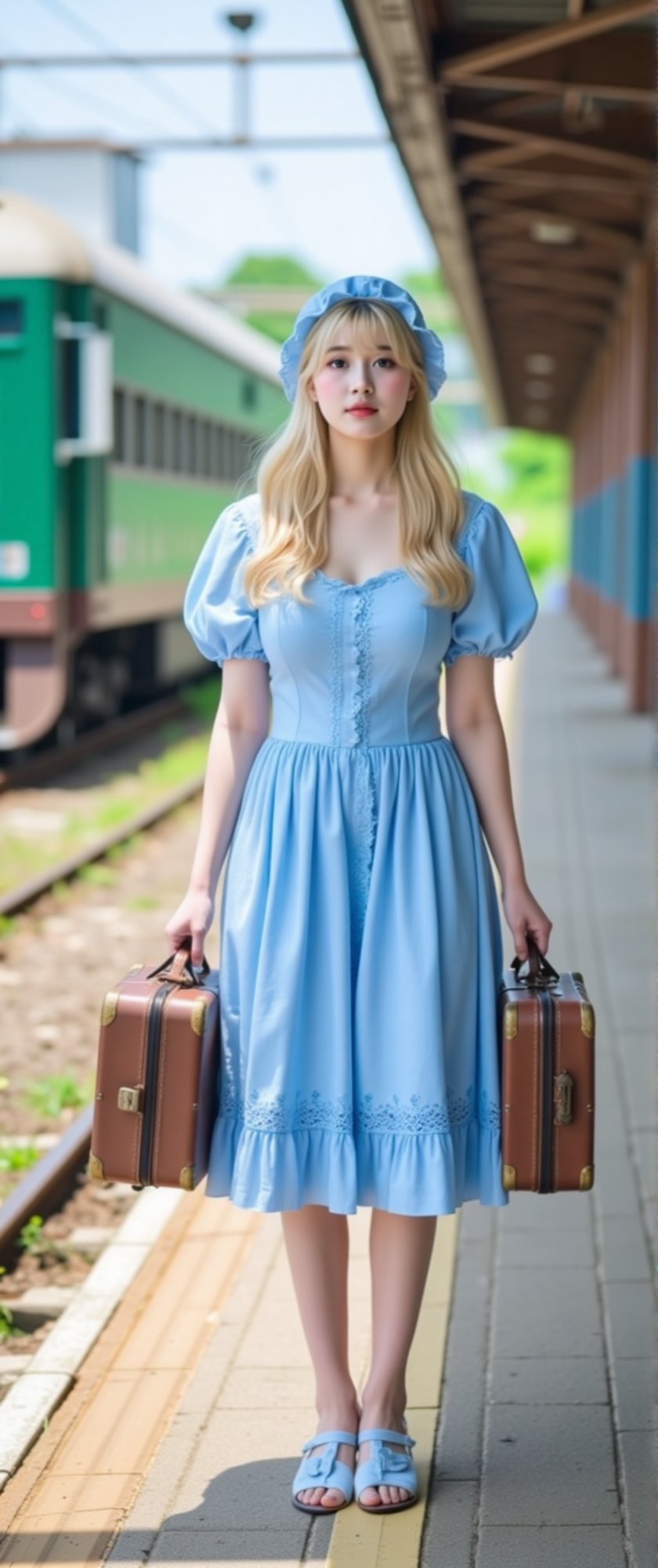 Chun,  asian girl,  long blonde hair wearing a light blue dress with lace trim and a matching bonnet. She is standing on a...