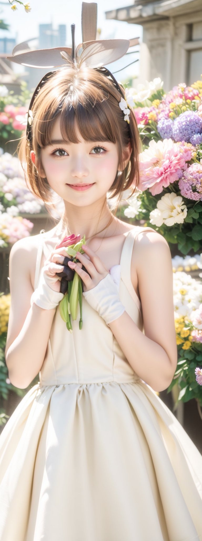 Masterpiece, Simple Background, (((Flowers in Background: 1.7))), 1girl, antenna_hair, , bangs, brown_hair, crown, dress, eyebrows_visible_through_hair, gloves, green_eyes,  short_hair, sleeveless, smile, standing, white_dress, white_gloves
,perfect light,Beauty,kinomoto sakura,Korean