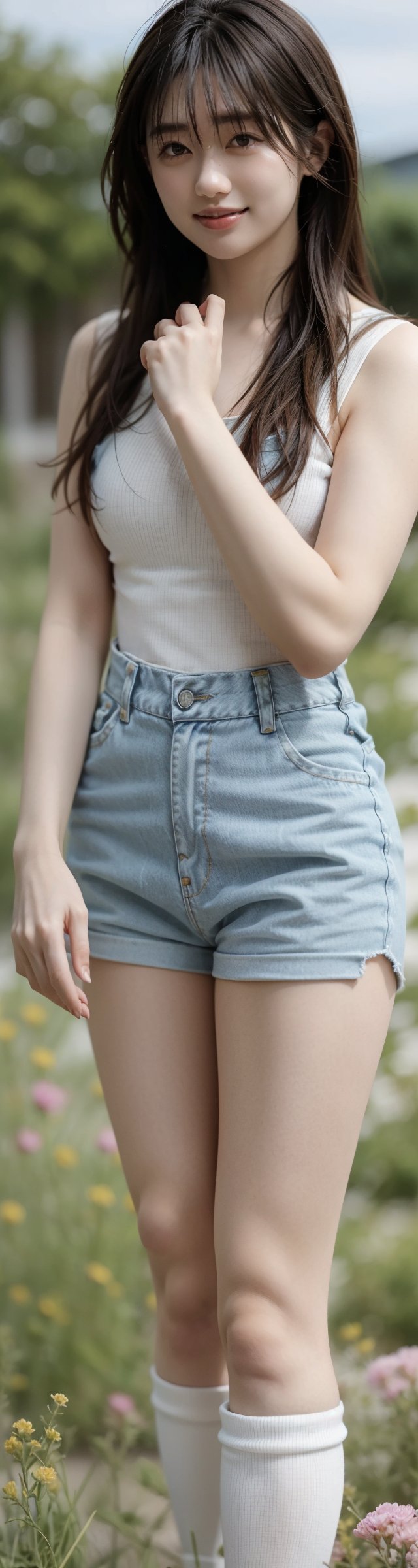 background is flower field,grass field,horizon,wind blowing,petals blowing,16 yo, 1 girl, beautiful girl,smile,
wearing denim overalls skirt,long socks,standing on flower field,holding buquet, cowboy shot,very_long_hair, hair past hip, bangs, curly hair, realhands, masterpiece, Best Quality, 16k, photorealistic, ultra-detailed, finely detailed, high resolution, perfect dynamic composition, beautiful detailed eyes, ((nervous and embarrassed)), sharp-focus, full body shot,pink flower,flower,yama2,1 girl 