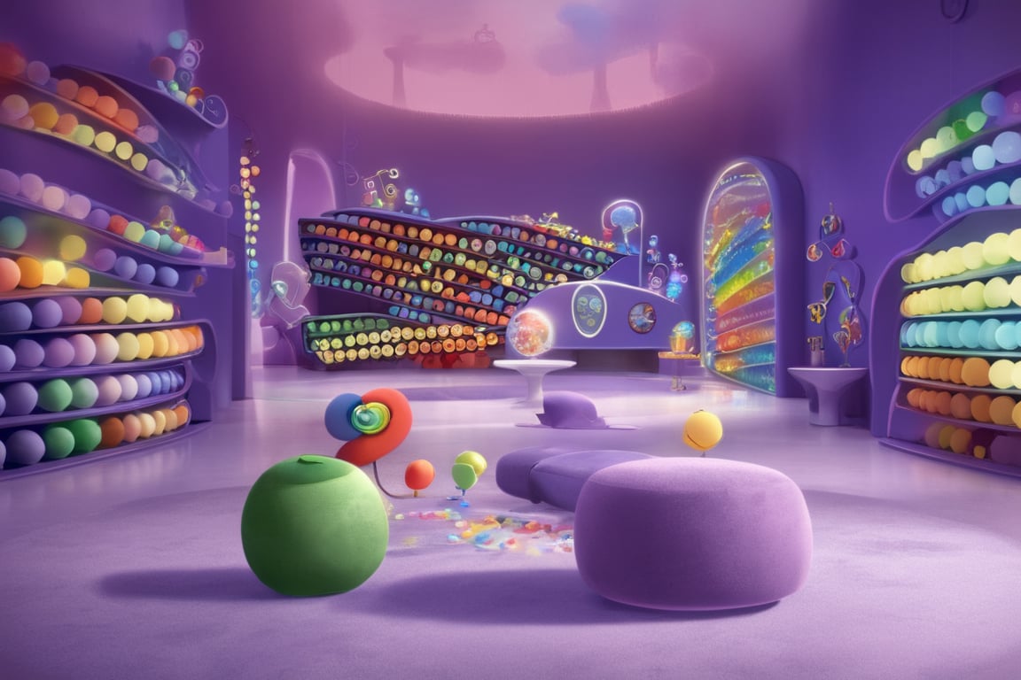 A whimsical headquarters' living room scene from Pixar's Inside Out: Soft pastel hues and gentle lighting illuminate rows...