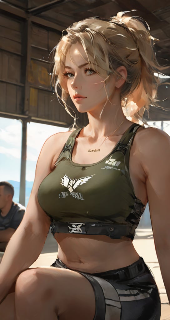 masterpiece, best quality, high definition, mature female, european, athlete, large breasts, from side, looking afar, blurry background, bored, bags under eyes, (((wrestler tank top))), ((Modern Military Uniform)), Fisheye Lens, Short Exposure, 
(hangar:1.3), sitting on a wooden box, sweating profusely,beautiful eyes,

Expressiveh,dal,Military anime girl