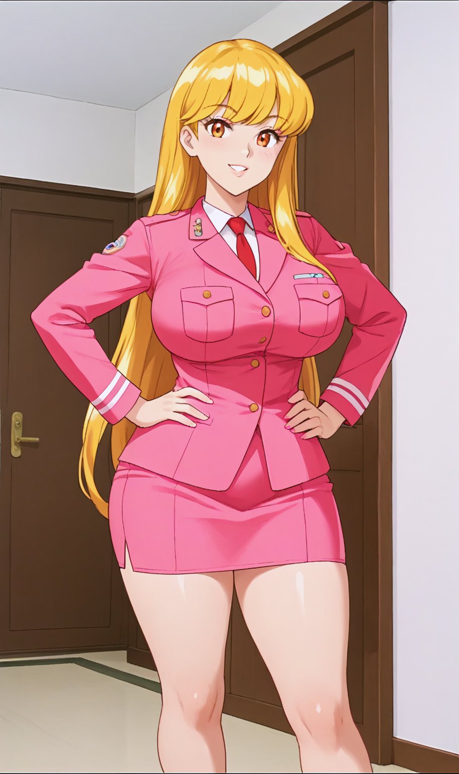 female, very long hair, blonde hair, swept bangs, beautiful detailed eyes, looking at viewer, seductive smile,((orange_eyes)),eyeshadow, tareme, longeyelashes, hand_on_hip, Pink uniform, pink skirt, pink suit, full bangs, high heels, tight skirt, black eye shadow,Big breasts, big buttocks, thick thighs,((25 years old))