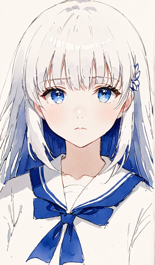 masterpiece, best quality, sailor shirt, seifuku, (blunt bangs:1.4), (long hair:1.2) ,Blue eyes, rosy cheeks, white skin, white top, detailed pupils, girl, white hair, melancholy expression, Monochrome, Sketch, Unfinished, Watercolor pencil,Expressiveh,eyetexture,blueiris,score_9,momo deviluke