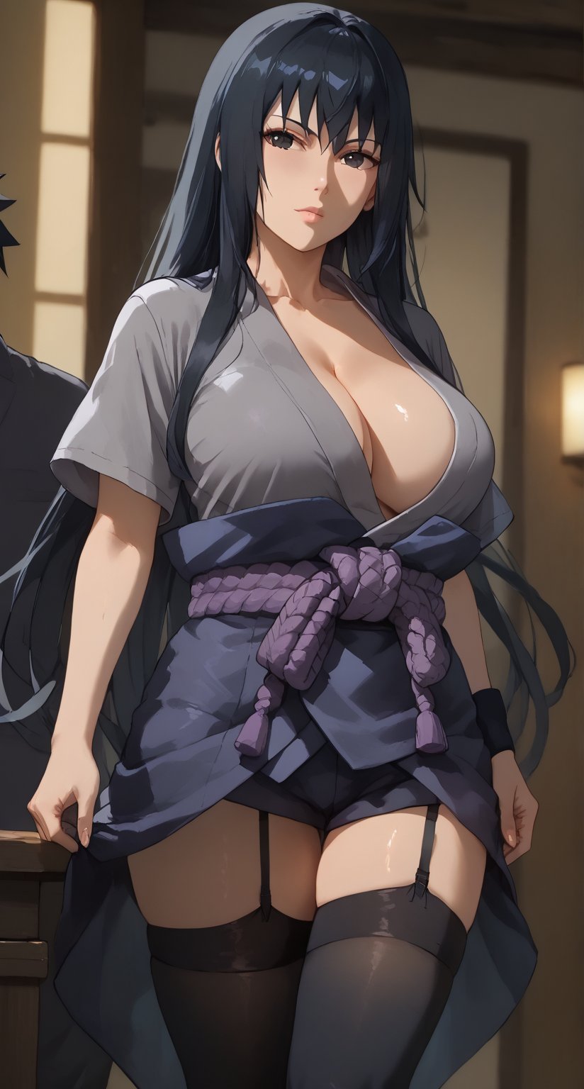 black hair,black eyes,gray shirt with short sleeves,Sasuke Uchiha,masterpiece, best quality,(very long hair:1.4), huge breasts, sarashi, hand_on_hip, head tilt, shorts, socks over thighhighs, black garter straps, highres, watercolor_(medium), (((girl))), ,black arm guard,Sexy Girl,Expressiveh,more detail XL,light purple belt,purple skirt,concept art,hinata,dark theme,slimes_touka,dark_techwear,oiran,japanese clothes,pants