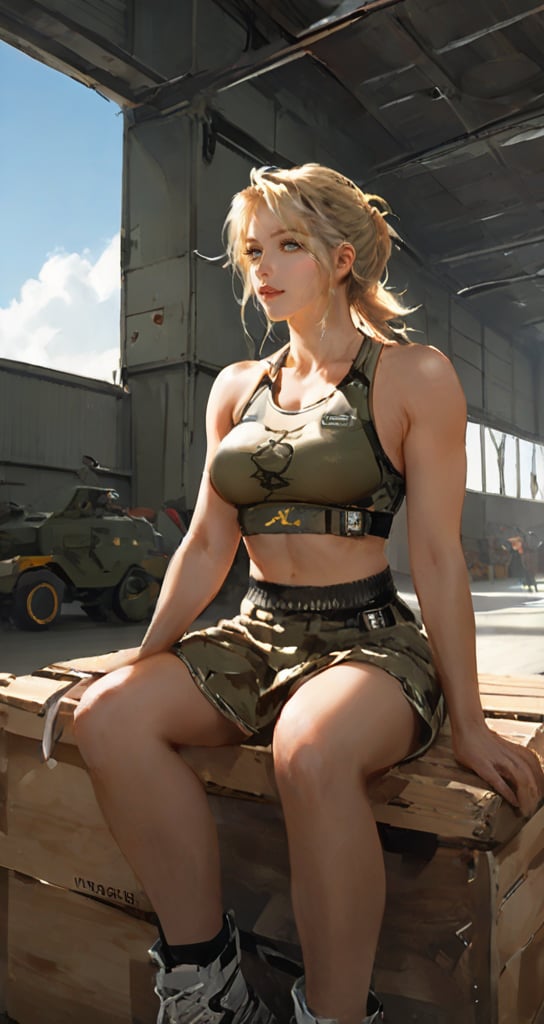 masterpiece, best quality, high definition, mature female, european, athlete, large breasts, from side, looking afar, blurry background, bored, bags under eyes, wrestler tank top, ((Modern Military Uniform)), Fisheye Lens, Short Exposure, 
(hangar:1.3), sitting on a wooden box, sweating profusely,beautiful eyes,

Expressiveh,dal,Military anime girl