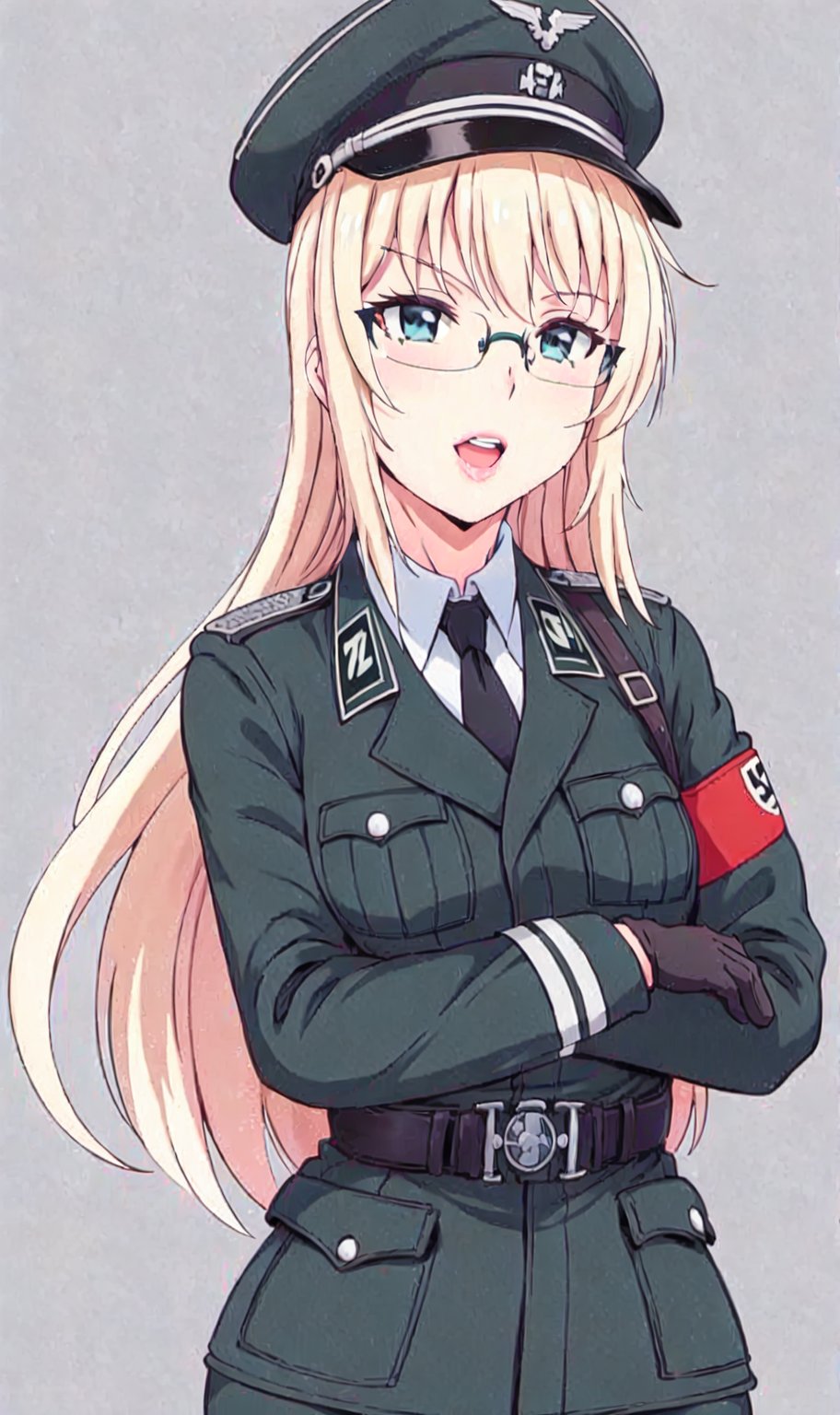 solo, gloves, 1girl, hat, female focus, belt, uniform,German military uniform, gray-green uniform, gray-green suit, stand-collar uniform, military, military uniform, Peaked cap,necktie under clothes,black military uniform,1girl,german naz uniform,peaked_cap,1guy,Stand up straight,oil painting,Dean Cornwell,Anders Zorn,Blonde hair, younger_fmale, round glasses,