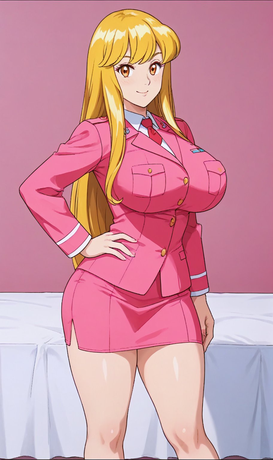 female, very long hair, blonde hair, swept bangs, beautiful detailed eyes, looking at viewer, seductive smile,((orange_eyes)),eyeshadow, tareme, longeyelashes, hand_on_hip, Pink uniform, pink skirt, pink suit, full bangs, high heels, tight skirt, black eye shadow,Big breasts, big buttocks, thick thighs,,white bra,((25 years old))