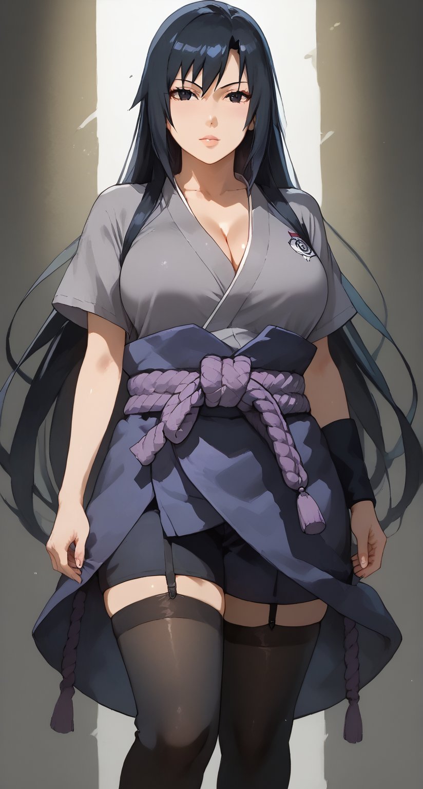 black hair,black eyes,gray shirt with short sleeves,Sasuke Uchiha,masterpiece, best quality,(very long hair:1.4), huge breasts, sarashi, hand_on_hip, head tilt, shorts, socks over thighhighs, black garter straps, highres, watercolor_(medium), (((girl))), ,black arm guard,Sexy Girl,Expressiveh,more detail XL,light purple belt,purple skirt,concept art,hinata,dark theme,slimes_touka,dark_techwear,oiran,japanese clothes,pants