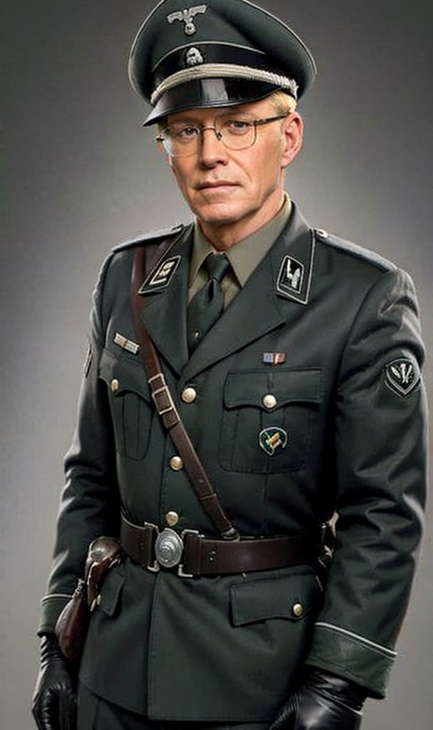 solo, gloves, 1boy, hat, male focus, belt, uniform,German military uniform, gray-green uniform, gray-green suit, stand-collar uniform, military, military uniform, Peaked cap,necktie under clothes,black military uniform,1girl,german naz uniform,peaked_cap,1guy,Stand up straight,oil painting,Dean Cornwell,Anders Zorn,Blonde hair, middle age, round glasses