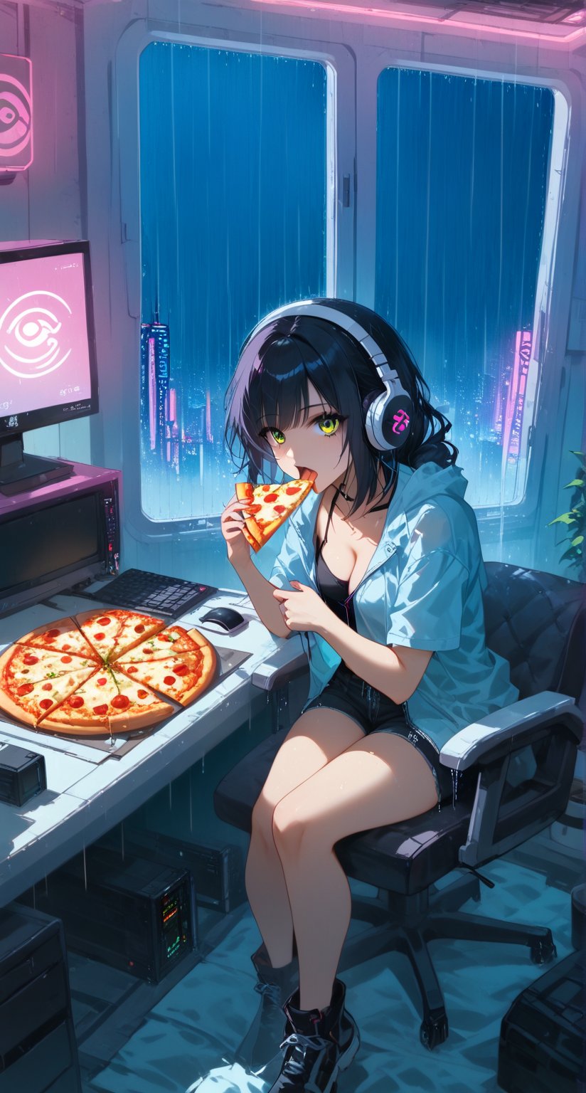 (computer room:1.4),masterpiece, best quality, girl, bishoujo, hair over shoulder, black hair, asymmetrical hair, gradient eyes, bags under eyes, beautiful detailed eyes, looking at viewer, visible through hair, open mouth, (Loose clothes:1.4), (jacket), shorts, white short sleeves, (eating pizza:1.0), wearing headphones, (cross-legged:1.0), bedroom,more detail XL,Expressiveh,concept art,cyberpunk city view out of the window,((from above)),(cyberpunk, city, kowloon, rain),