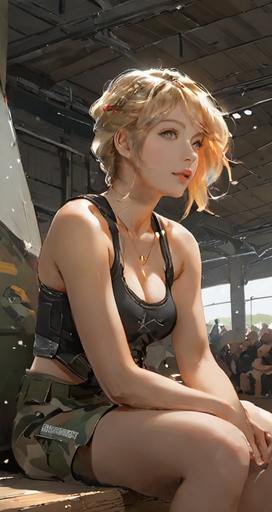 masterpiece, best quality, high definition, mature female, european, athlete, large breasts, from side, looking afar, blurry background, bored, bags under eyes, wrestler tank top, ((Modern Military Uniform)), Fisheye Lens, Short Exposure, 
(hangar:1.3), sitting on a wooden box, sweating profusely,clear eyes, fine eyes

Expressiveh,dal,Military anime girl