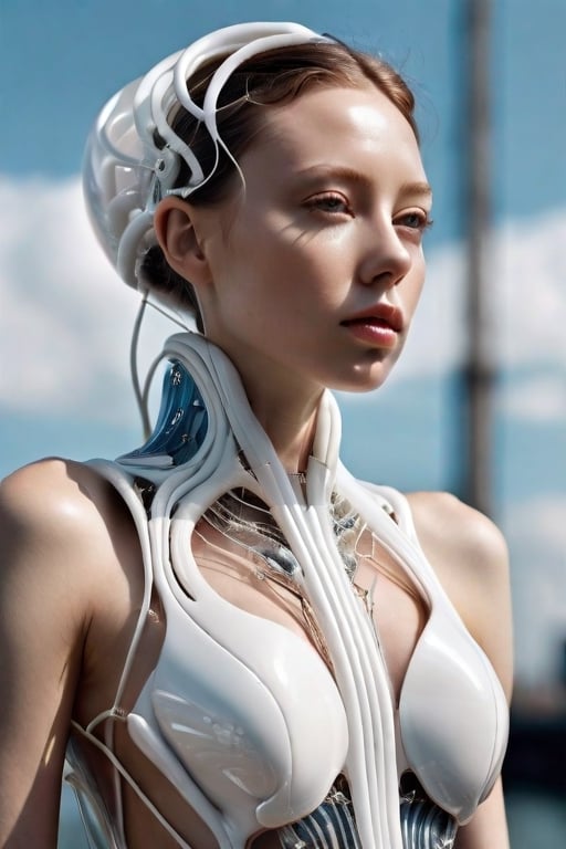 iris van herpen, young woman beautiful face, perfect symmetrical body, full body shot, inflateble shapes, wires, tubes, veins, jellyfish, white biomechanical details, wearing epic bionic cyborg implants, masterpiece, intricate, biopunk, vogue, highly detailed, artstation, concept art, cyberpunk, octane render,1 girl