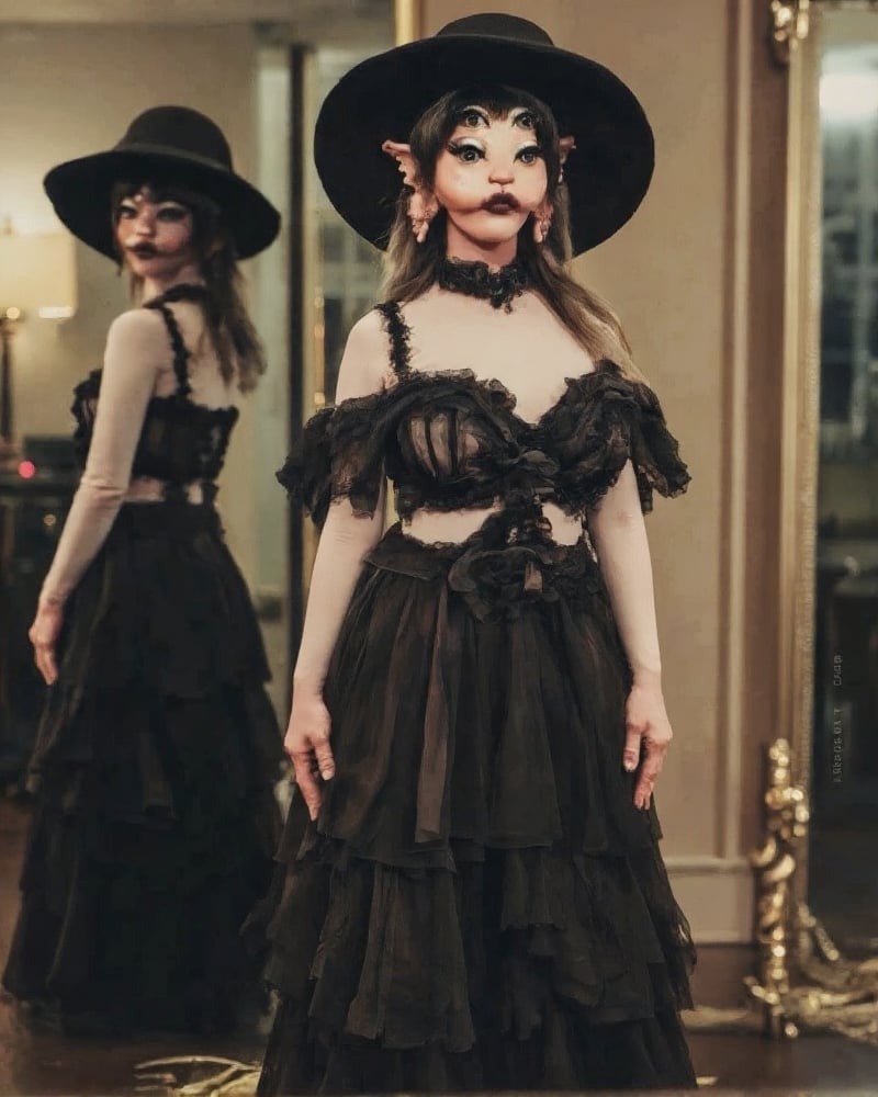 A woman stands confidently, wearing a flowing black silk dress that drapes elegantly across her figure, paired with a large black beach hat that adds a touch of sophistication. The room is surrounded by multiple mirrors, each reflecting her enigmatic presence. She poses calmly, her hands resting at her sides as she gazes directly into the viewer's eyes, her expression a subtle blend of mystery and allure.