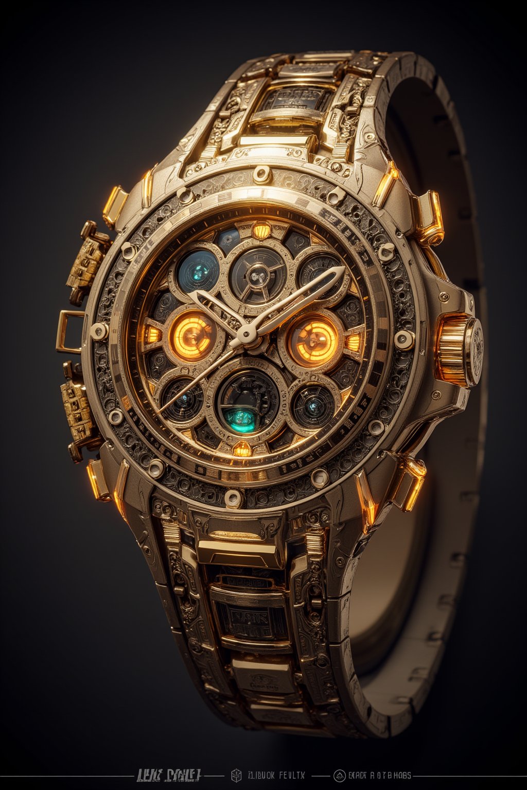 Highly detailed and intricate illustration of a futuristic gold-toned luxury watch, inspired by cyberpunk ARK net systems, with glowing neon lights and sharp edges, designed by renowned artist Simon Stalenhag. The watch is worn by a divine god-like figure in the year 6758, giving it an otherworldly feel. (Concept art, digital painting, trending on ArtStation)