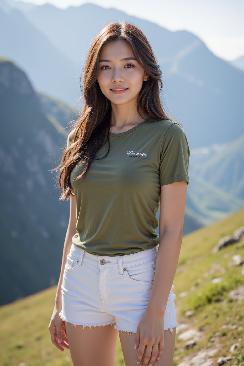 Against a majestic backdrop of Alaps Valley in Switzerland's picturesque landscape, a stunning 20-year-old girl with flawless skin and perfect physique poses confidently. Wearing a tight green T-shirt and white knee-length skirt that accentuates her youthful beauty, the adventurous mountaineer gazes directly at the camera with a warm smile. Her bright white skin glistens under the sunlight, as she stands tall amidst the rugged mountainside terrain.