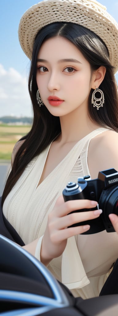 1girl, solo, looking at viewer, black hair, hat, holding, brown eyes, jewelry, upper body, earrings, lips, ground vehicle, camera_pov