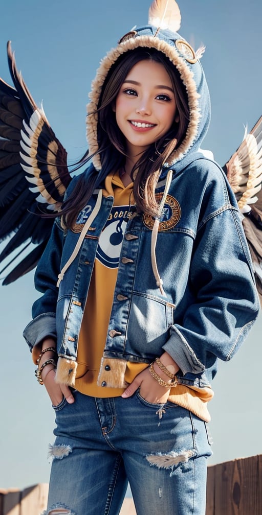 1girl, solo, looking at viewer, smile, brown eyes, jewelry, standing, cowboy shot, wings, teeth, pants, hood, bag, grin, bracelet, lips, hoodie, bird, animal, feathers, denim, musical note, feathered wings, hood up, jeans, realistic, nose, hands in pockets, magic circle, beamed eighth notes, quarter note, spread wings, staff \(music\)