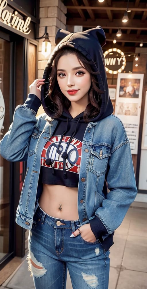 1girl, solo, looking at viewer, smile, navel, brown eyes, cowboy shot, midriff, pants, hood, lips, hoodie, makeup, bird, animal, piercing, denim, musical note, clothes writing, hood up, jeans, realistic, nose, hands in pockets, eighth note, navel piercing, beamed eighth notes, quarter note, lip piercing