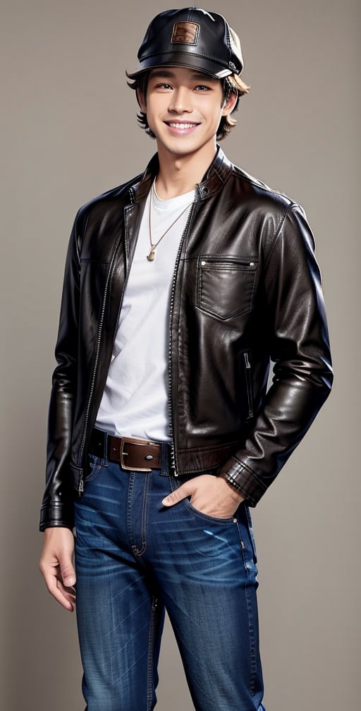 solo, looking at viewer, smile, shirt, black hair, 1boy, hat, brown eyes, jacket, male focus, belt, pants, grin, black jacket, bird, denim, musical note, jeans, realistic, leather, leather jacket, quarter note