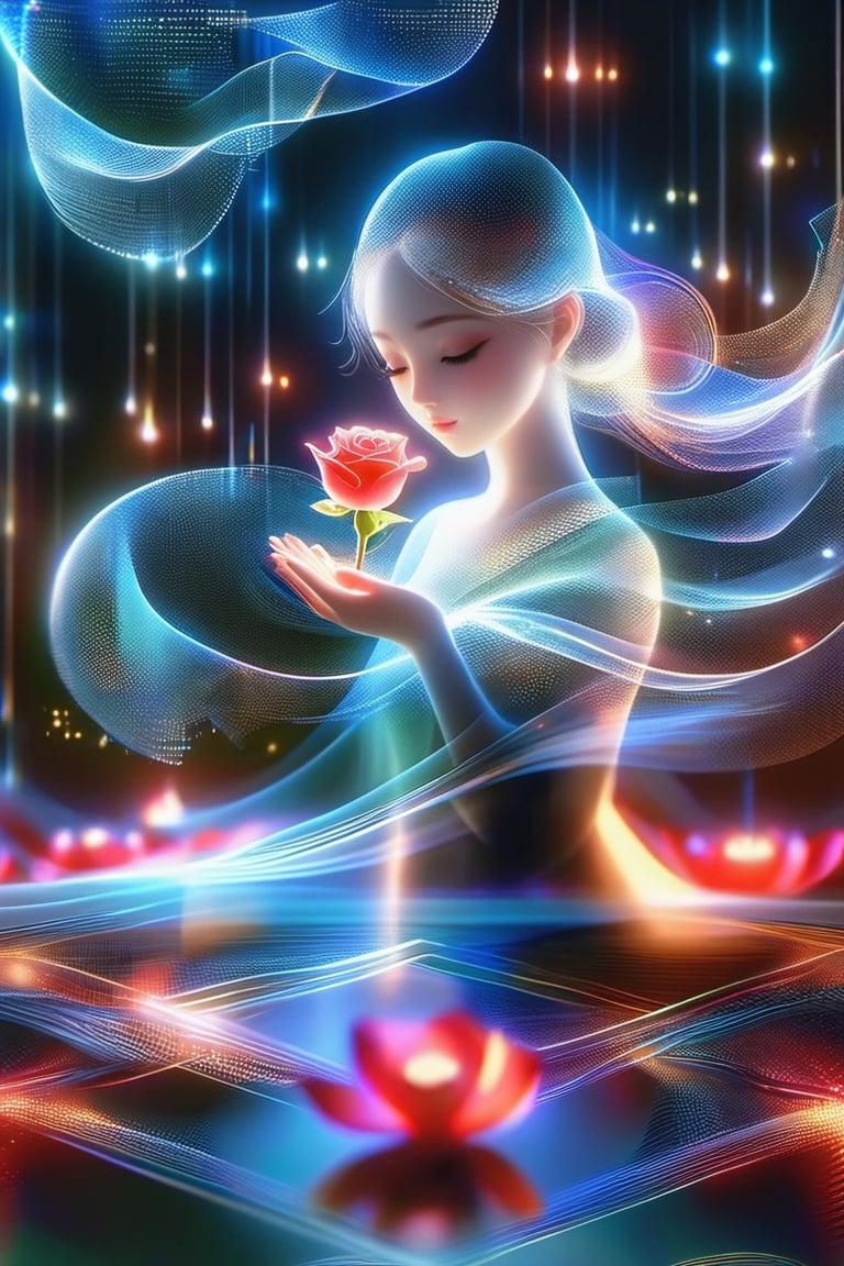 Beautiful Asian girl with pretty face holding and kissing a red rose in a complex mathematics in relation with free fall physical processes hologram, long hair glowing, line glowing surrounds the body on a Mandel Brot fractal  in hologram background..