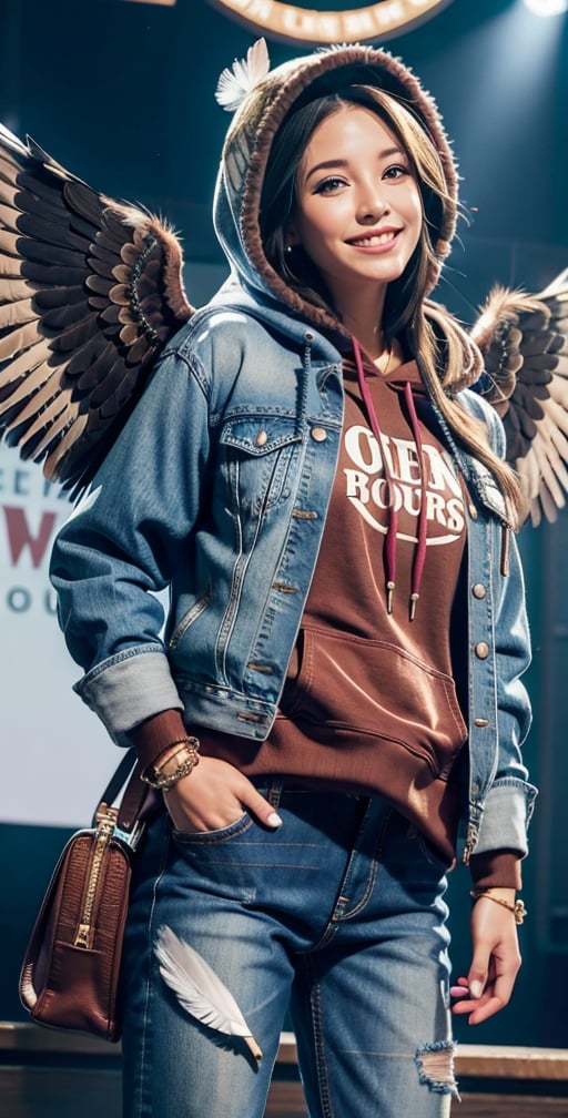 1girl, solo, looking at viewer, smile, brown eyes, jewelry, standing, cowboy shot, wings, teeth, pants, hood, bag, grin, bracelet, lips, hoodie, bird, animal, feathers, denim, musical note, feathered wings, hood up, jeans, realistic, nose, hands in pockets, magic circle, beamed eighth notes, quarter note, spread wings, staff \(music\)