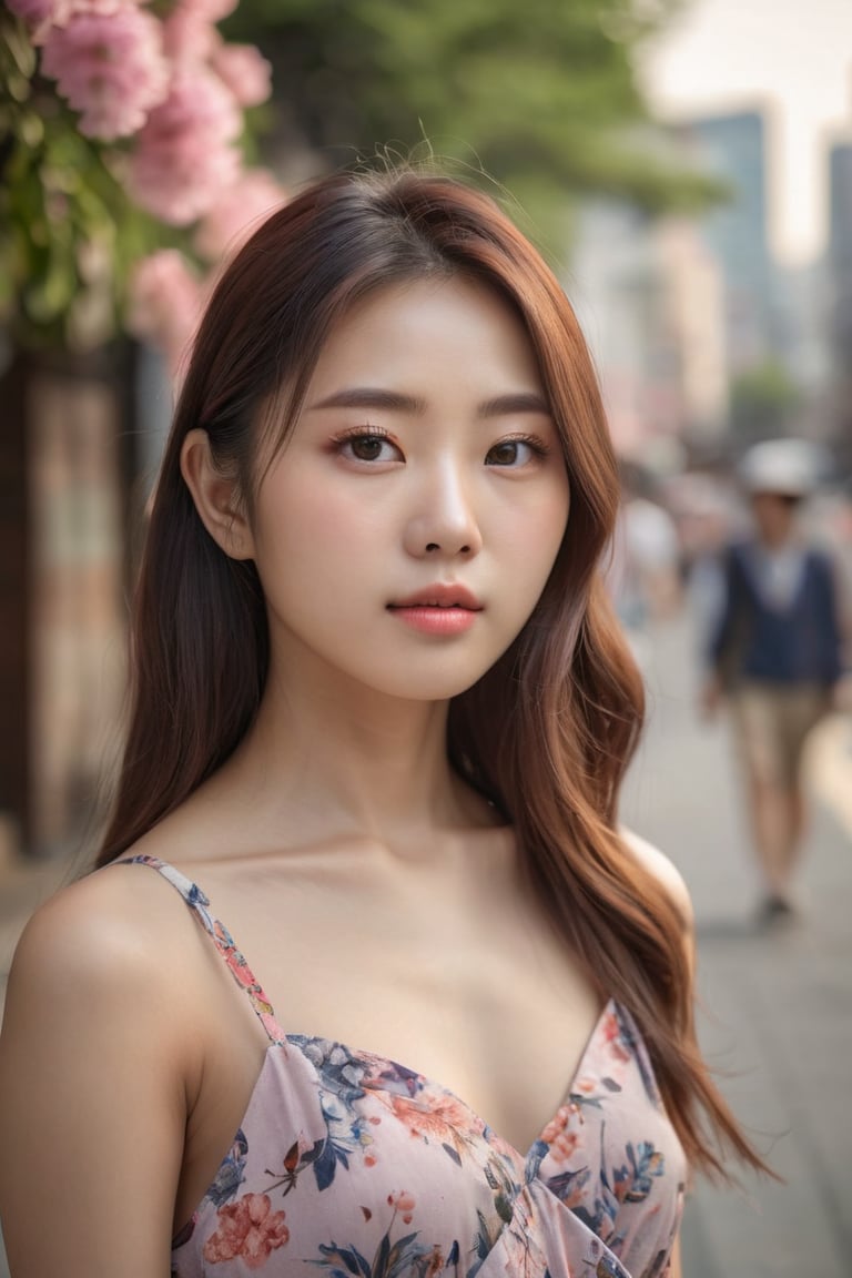 photo of a beautiful korean girl in floral printed sundress, on Seoul street, realistic, looking at viewer, detailed iris and pupil, textured skin, (8k, RAW photo, best quality, masterpiece:1.2), ultra detailed,(photo realistic:1.4), highly detailed background, shot on Hasselblad X2D 100C,ISO 50, narrow shallow depth of field, bokeh, sharp focus on subject