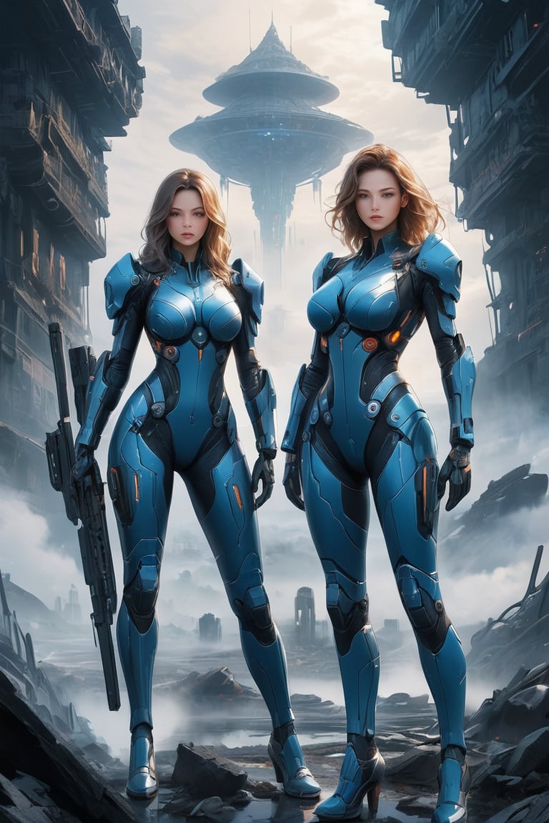 2 girls, looking around, weapons at the ready, dynamic stance, huge breasts, huge curvy hips, narrow waist, skinny, skin tight battle suit, cerulean blue, armor, futuristic, sci-fi, cyberware, cybertech, unexplored world, mist, ancient marvelous structures, ultra highres, atmosphere of mystery and danger, (detailed face:1.2), (detailed eyes:1.2), detailed background, intricate, foggy landscape, photo