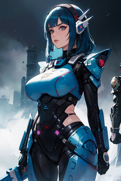 2 girls, looking around, weapons at the ready, dynamic stance, huge breasts, huge curvy hips, narrow waist, skinny, skin tight battle suit, cerulean blue, armor, futuristic, sci-fi, cyberware, cybertech, unexplored world, mist, ancient marvelous structures, ultra highres, atmosphere of mystery and danger, (detailed face:1.2), (detailed eyes:1.2), detailed background, intricate, foggy landscape, masterpiece, best quality