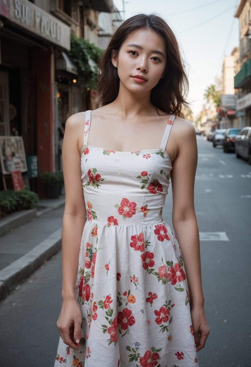 score_9, score_8_up, score_7_up, source_photo, photography, realistic, raw photo, photo of a beautiful korean girl in floral printed sundress, on Seoul street