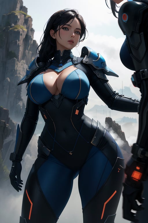 2 girls, looking around, weapons at the ready, dynamic stance, huge breasts, huge curvy hips, narrow waist, skinny, skin tight battle suit, cerulean blue, armor, futuristic, sci-fi, cyberware, cybertech, unexplored world, mist, ancient marvelous structures, ultra highres, atmosphere of mystery and danger, (detailed face:1.2), (detailed eyes:1.2), detailed background, intricate, foggy landscape, masterpiece, best quality