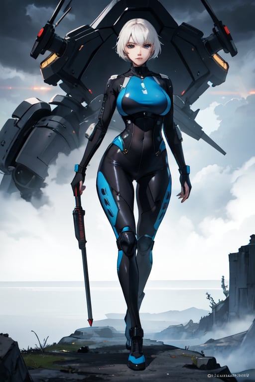 2 girls, looking around, weapons at the ready, dynamic stance, huge breasts, huge curvy hips, narrow waist, skinny, skin tight battle suit, cerulean blue, armor, futuristic, sci-fi, cyberware, cybertech, unexplored world, mist, ancient marvelous structures, ultra highres, atmosphere of mystery and danger, (detailed face:1.2), (detailed eyes:1.2), detailed background, intricate, foggy landscape, masterpiece, best quality