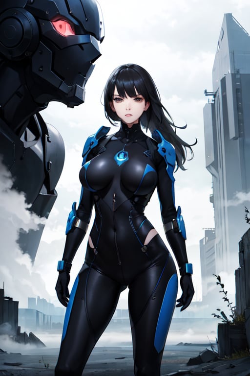 2 girls, looking around, weapons at the ready, dynamic stance, huge breasts, huge curvy hips, narrow waist, skinny, skin tight battle suit, cerulean blue, armor, futuristic, sci-fi, cyberware, cybertech, unexplored world, mist, ancient marvelous structures, ultra highres, atmosphere of mystery and danger, (detailed face:1.2), (detailed eyes:1.2), detailed background, intricate, foggy landscape, masterpiece, best quality