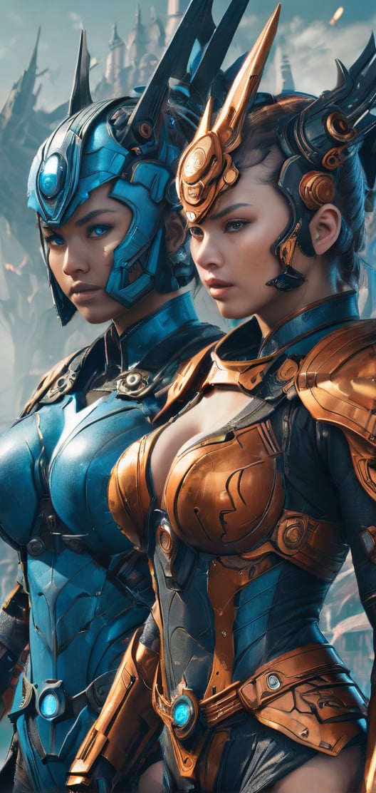 2 girls, looking around, weapons at the ready, dynamic stance, huge breasts, huge curvy hips, narrow waist, skinny, skin tight battle suit, cerulean blue, armor, futuristic, sci-fi, cyberware, cybertech, unexplored world, mist, ancient marvelous structures, ultra highres, atmosphere of mystery and danger, (detailed face:1.2), (detailed eyes:1.2), detailed background, intricate, foggy landscape, highly detailed.,Movie Still,oni style,Film Still