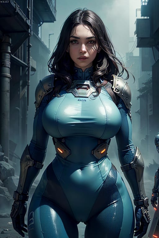 2 girls, looking around, weapons at the ready, dynamic stance, huge breasts, huge curvy hips, narrow waist, skinny, skin tight battle suit, cerulean blue, armor, futuristic, sci-fi, cyberware, cybertech, unexplored world, mist, ancient marvelous structures, ultra highres, atmosphere of mystery and danger, (detailed face:1.2), (detailed eyes:1.2), detailed background, intricate, foggy landscape, masterpiece, best quality, realistic, ultra highres, depth of field, (full dual colour lighting:1.2), (hard dual colour lighting:1.4), (detailed face:1.2), (detailed eyes:1.2), (detailed background), (masterpiece:1.2), (ultra detailed), (best quality), intricate, comprehensive cinematic, magical photography, (gradients), colorful, detailed landscape, visual key,QRobot