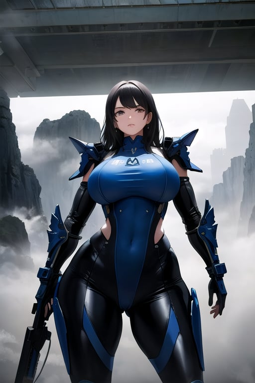 2 girls, looking around, weapons at the ready, dynamic stance, huge breasts, huge curvy hips, narrow waist, skinny, skin tight battle suit, cerulean blue, armor, futuristic, sci-fi, cyberware, cybertech, unexplored world, mist, ancient marvelous structures, ultra highres, atmosphere of mystery and danger, (detailed face:1.2), (detailed eyes:1.2), detailed background, intricate, foggy landscape, masterpiece, best quality