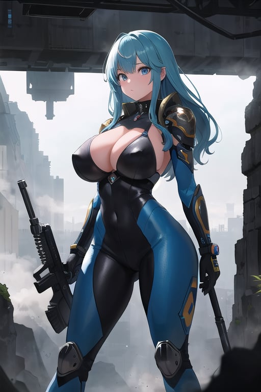 2 girls, looking around, weapons at the ready, dynamic stance, huge breasts, huge curvy hips, narrow waist, skinny, skin tight battle suit, cerulean blue, armor, futuristic, sci-fi, cyberware, cybertech, unexplored world, mist, ancient marvelous structures, ultra highres, atmosphere of mystery and danger, (detailed face:1.2), (detailed eyes:1.2), detailed background, intricate, foggy landscape, masterpiece, best quality