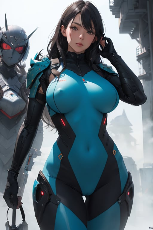 2 girls, looking around, weapons at the ready, dynamic stance, huge breasts, huge curvy hips, narrow waist, skinny, skin tight battle suit, cerulean blue, armor, futuristic, sci-fi, cyberware, cybertech, unexplored world, mist, ancient marvelous structures, ultra highres, atmosphere of mystery and danger, (detailed face:1.2), (detailed eyes:1.2), detailed background, intricate, foggy landscape, masterpiece, best quality,nsfw