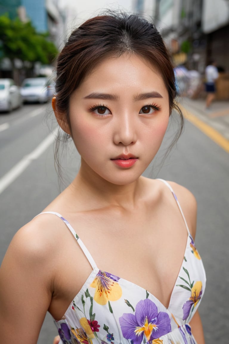 photography, realistic, raw photo, photo of a beautiful korean girl in floral printed sundress, on Seoul street, detailed iris and pupil, textured skin, realistic, intricate detailed, flash photography, realistic, amazing photo, Camera="NIKON Z9", Lens="NIKKOR Z 24-70mm f/2.8 S", "Aperture-of=f/8", "ISO=400"