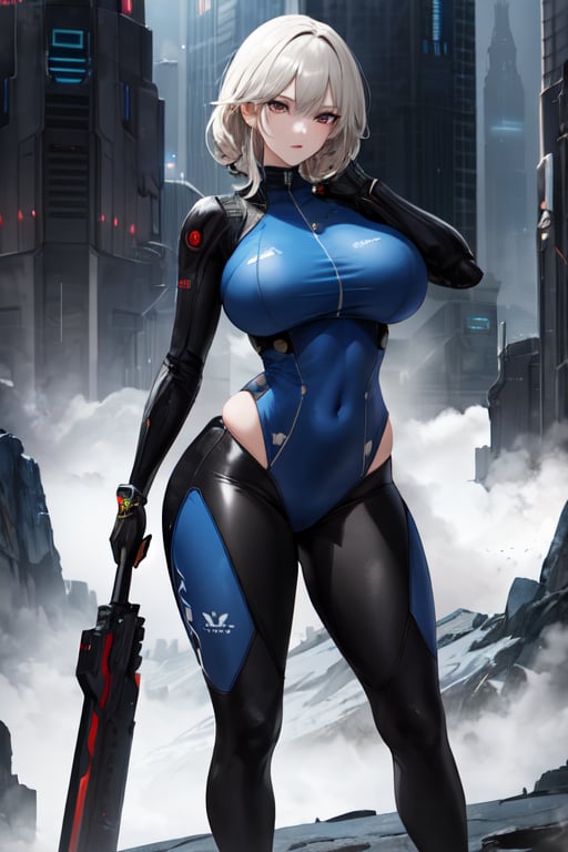 2 girls, looking around, weapons at the ready, dynamic stance, huge breasts, huge curvy hips, narrow waist, skinny, skin tight battle suit, cerulean blue, armor, futuristic, sci-fi, cyberware, cybertech, unexplored world, mist, ancient marvelous structures, ultra highres, atmosphere of mystery and danger, (detailed face:1.2), (detailed eyes:1.2), detailed background, intricate, foggy landscape, masterpiece, best quality