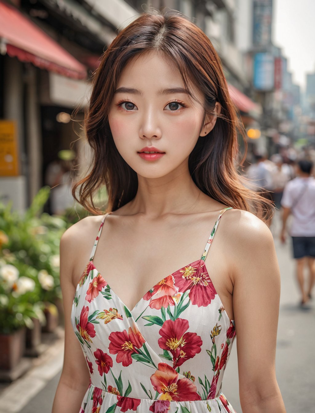 photography, realistic, raw photo, photo of a beautiful korean girl in floral printed sundress, on Seoul street, detailed iris and pupil, textured skin, realistic, intricate detailed, flash photography, realistic, amazing photo, Camera="NIKON Z9", Lens="NIKKOR Z 24-70mm f/2.8 S", "Aperture-of=f/8", "ISO=400"