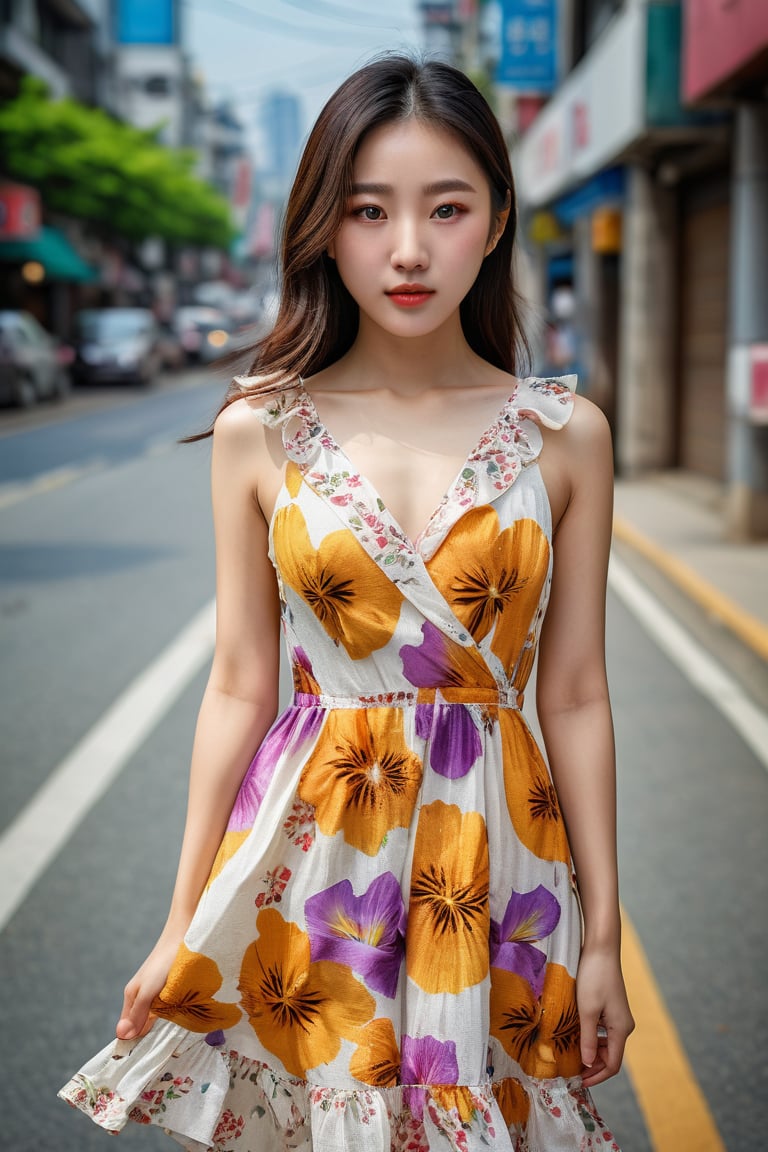 photography, realistic, raw photo, photo of a beautiful korean girl in floral printed sundress, on Seoul street, detailed iris and pupil, textured skin, realistic, intricate detailed, flash photography, realistic, amazing photo, Camera="NIKON Z9", Lens="NIKKOR Z 24-70mm f/2.8 S", "Aperture-of=f/8", "ISO=400"