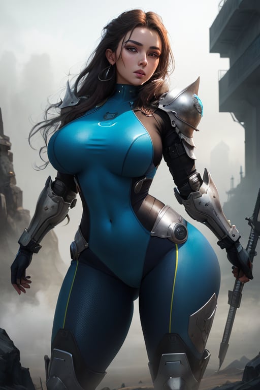 2 girls, looking around, weapons at the ready, dynamic stance, huge breasts, huge curvy hips, narrow waist, skinny, skin tight battle suit, cerulean blue, armor, futuristic, sci-fi, cyberware, cybertech, unexplored world, mist, ancient marvelous structures, ultra highres, atmosphere of mystery and danger, (detailed face:1.2), (detailed eyes:1.2), detailed background, intricate, foggy landscape, masterpiece, best quality